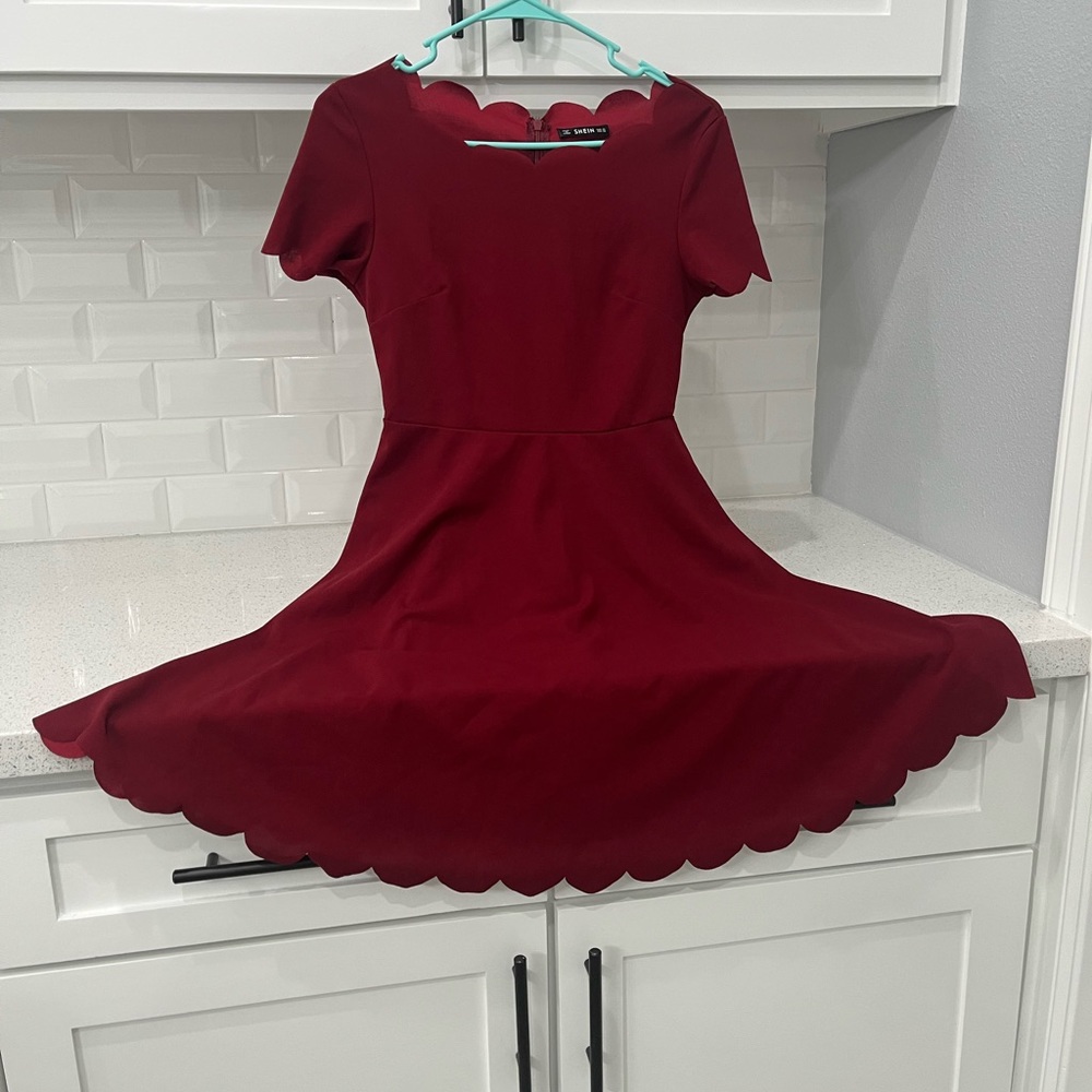 Burgundy Scallop Trim fit  Flare Dress